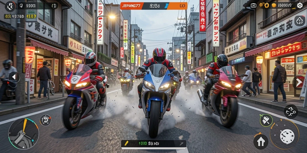 Tampilan mendebarkan dari gameplay balapan motor di JEPANG77.
