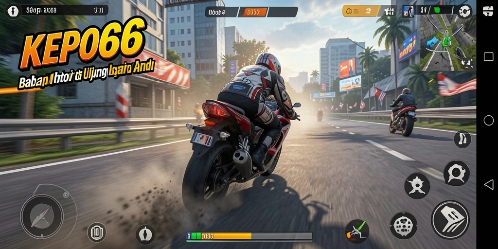 Screenshot utama KEPO66 menampilkan aksi balapan motor yang seru.