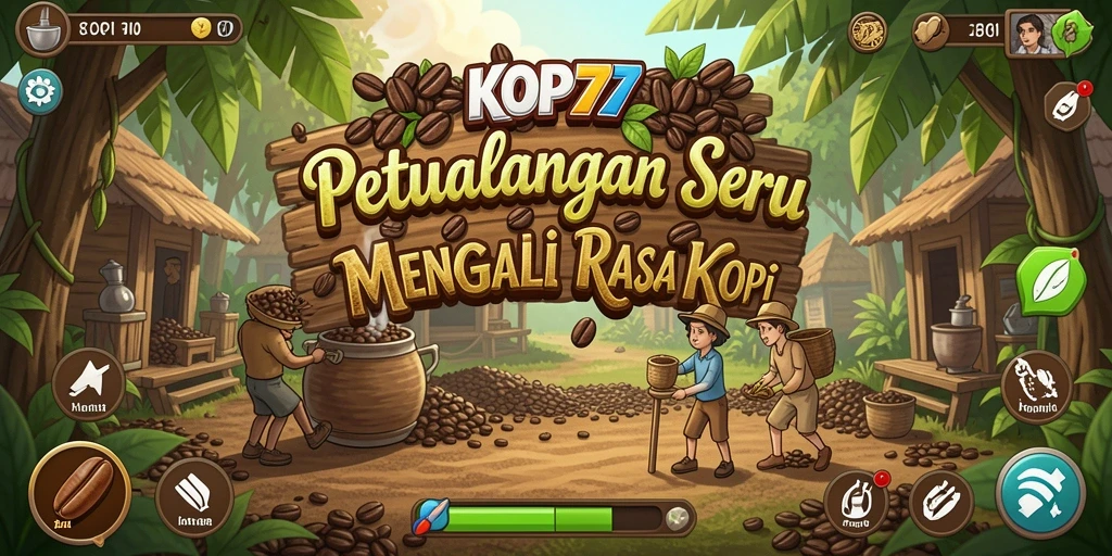 Screenshot utama KOPI77 menampilkan karakter utama menjelajahi kebun kopi yang indah.